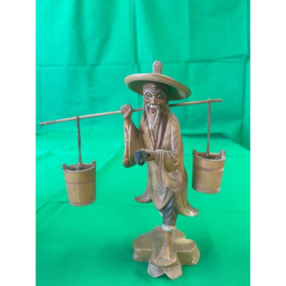 Hand-Carved Wooden Figurine Of Elderly Man Carrying Water Buckets Rustic Decor 8 - Picture 1 of 2